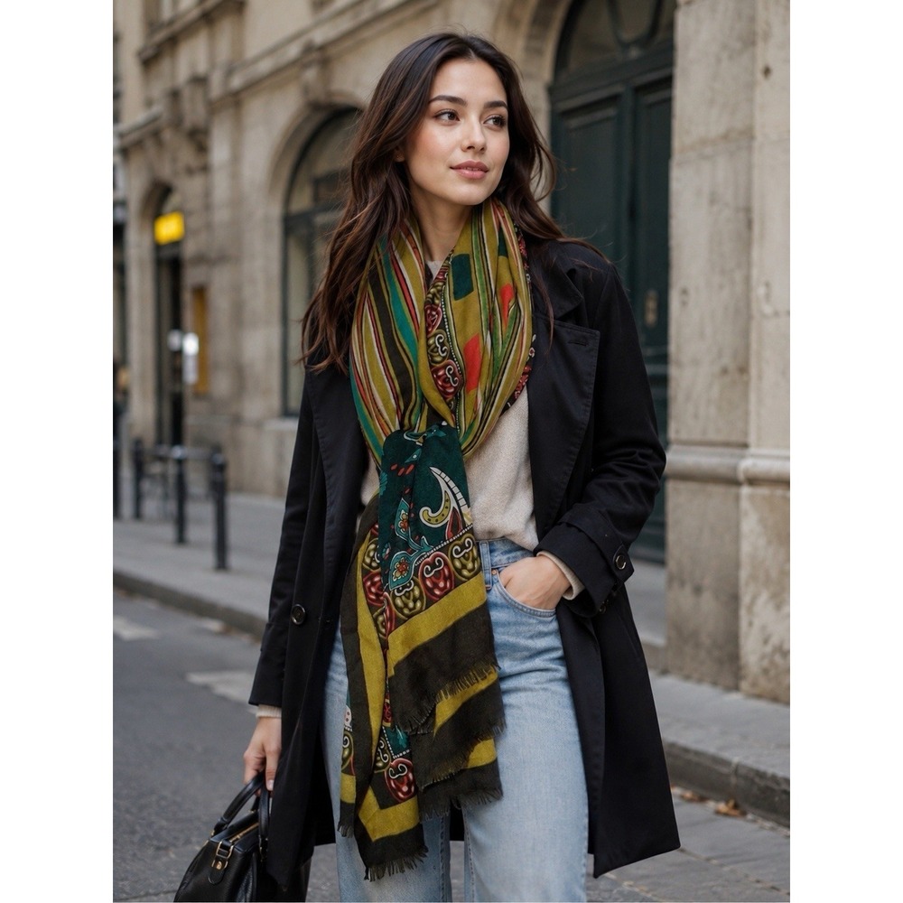 ASMI  70% Cashmere 30% Silk Paisley Vibrant Color Striped Wrap Scarf Shawl